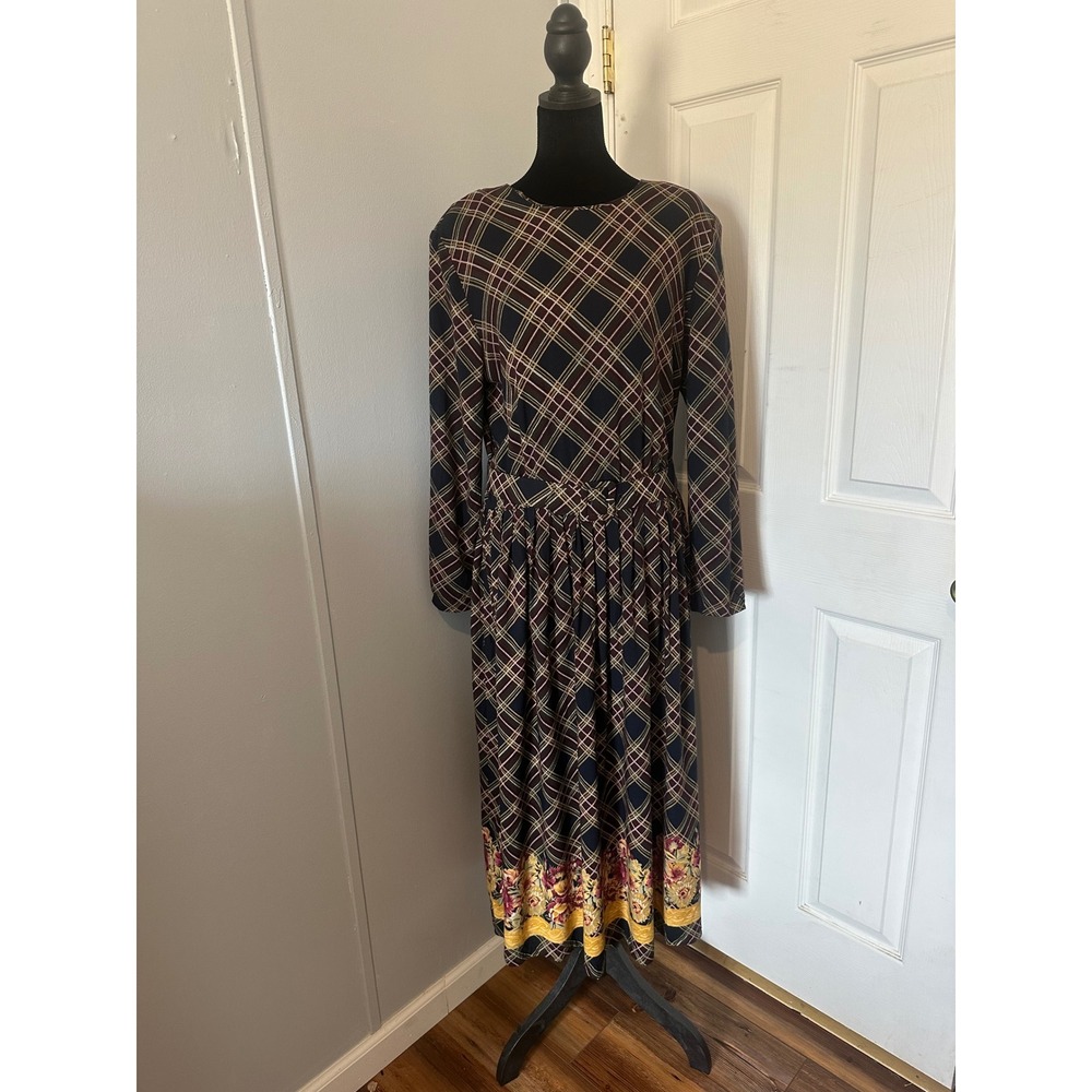 Willow Ridge Vintage Plaid Floral Border Midi Dress Navy Gold Burgundy Size 12